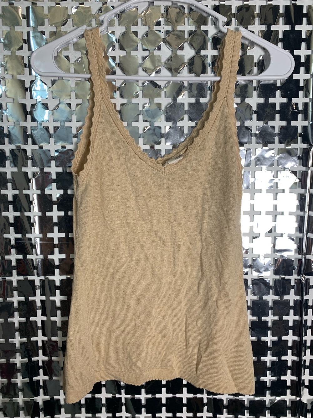 Hem & Thread Scalloped V-Neck Tank in Tan